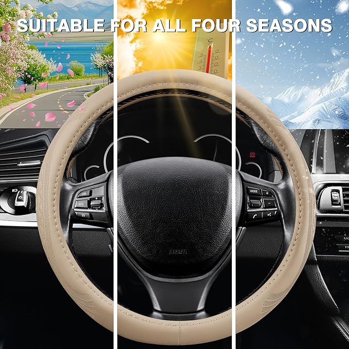 【2025 Model】 Breathable Soft Leather Car Steering Wheel Cover for Men Women, Non-Slip, Comfortable,Universal 15 inches Steeri