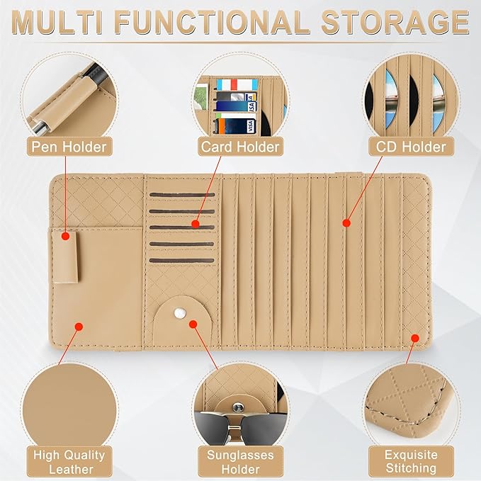 alpmosn Sun Visor CD Case Holder for Car - Multi-Function Visor Organizer with CD/DVD Storage, Eyeglass Clip, Card Slots & Pen Holder, Durable Leather Car Accessories (Beige)