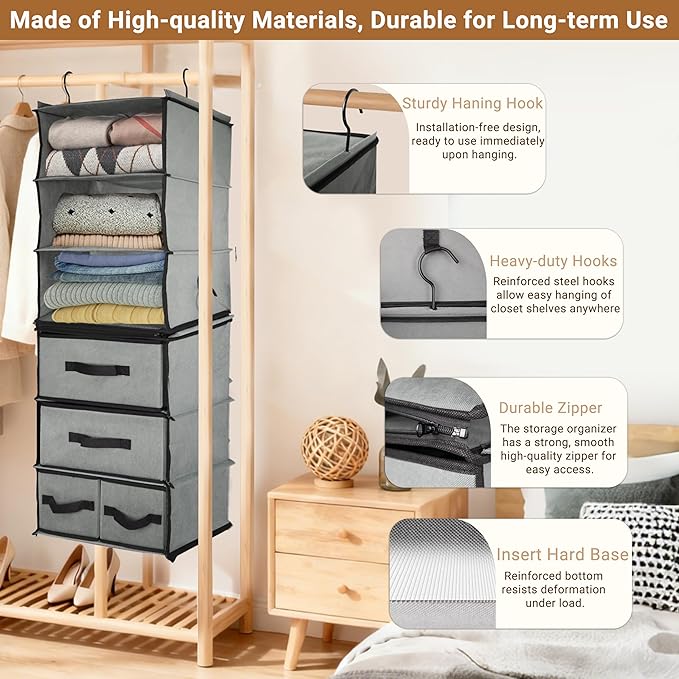 2-in-1 Durable 6-Tier Hanging Closet Organizer with 4 Removable Drawers,2 Separable 3-Tier Thickened Fabric Hanging Shelf Clo