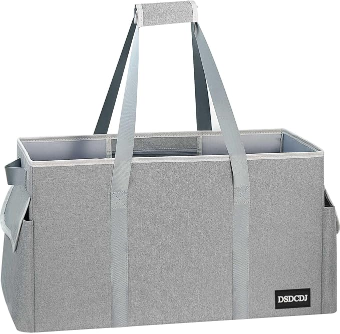 Standing Extra Large Utility Tote Bag with Hard Bottom & Hard Sides, Heavy Duty Reusable Grocery Bags with Handles & 3 Pockets for Shopping, Beach, Picnics, Car (22.5"x11"x12", Grey)