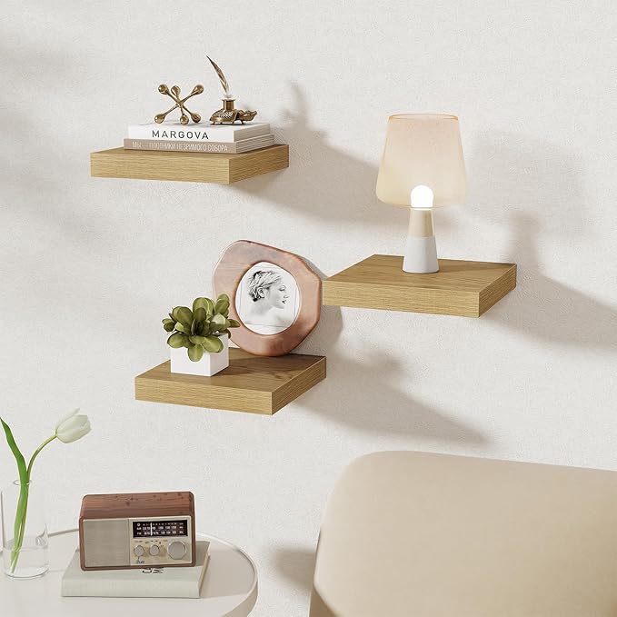 Fun Memories Square Floating Shelves for Wall, 9.3" W x 9.3" D x 1.4" H, Shelves for Wall with Invisible Brackets, Small Wood