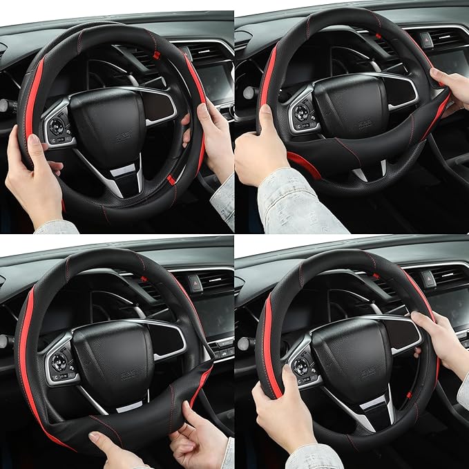 Car Steering Wheel Cover, Leather Steering Wheel Cover Red Universal 14.5-15 Inch Microfiber Leather Anti-Slip Breathable Aut