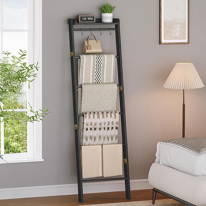 Hzuaneri Blanket Ladder Shelf, Decorative Quilt Rack, 7-Tier Farmhouse Ladder Holder Organizer with 4 Removable Hooks 7.9" D 