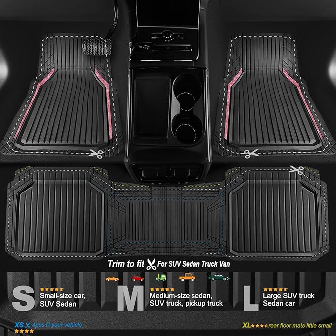 CAR PASS Pink Heavy Duty Rubber Floor Mats for Car, Waterproof Liner Deep Dish Bling Car Mats Full Sets, Universal Trim to Fit for SUV Truck Sedans Vans, All Weather Floor Mats, Pink Sparkly