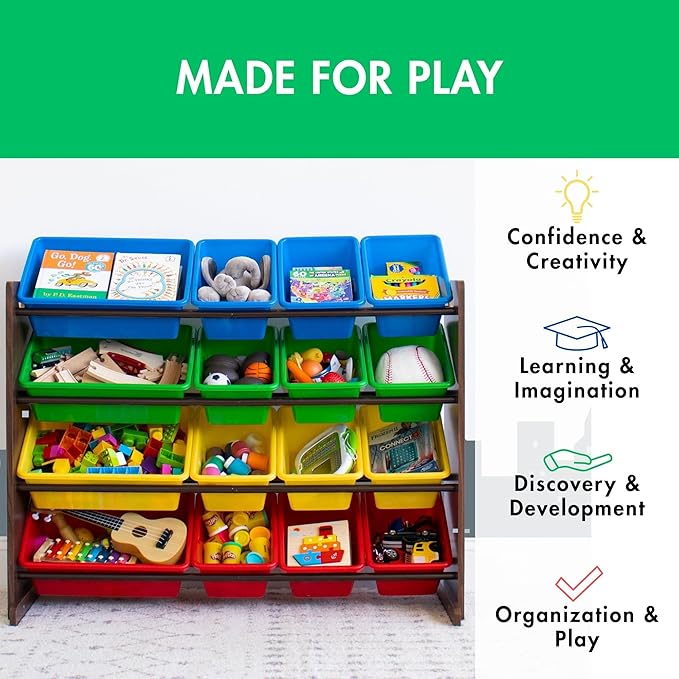 Humble Crew Supersized Toy Storage Organizer with 16 Removable Bins, Walnut/Primary – Large Toy Storage for Toddlers Ideal fo