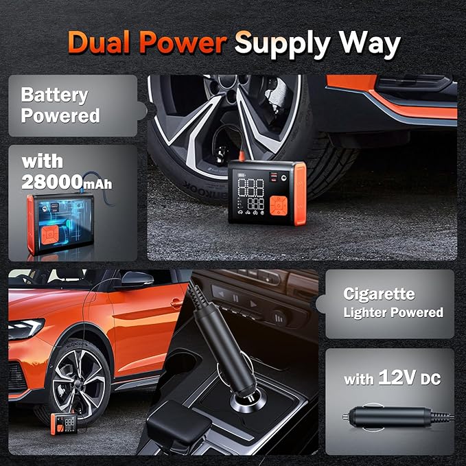 Tire Inflator Portable Air Compressor, 150 PSI Dual Cylinder 3X Faster Portable tire inflator, 28000mAh Dual Power Mode Portable Air Pump for Car Tires, Motorcycle Tires, Bikes Tires, Balls, etc