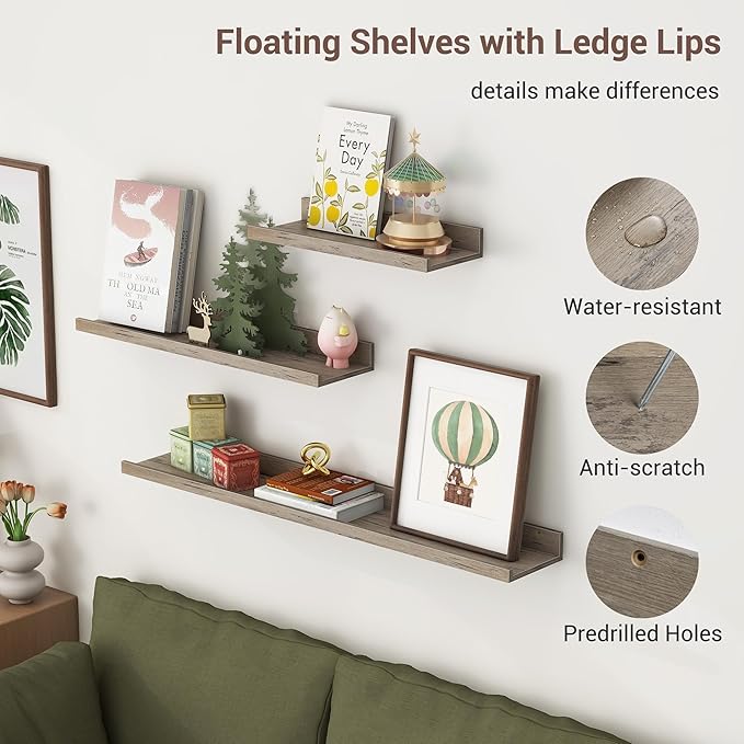 Axeman 36 Inch Floating Shelves | Grey Picture Ledge Shelf Set of 3 | Rustic Grey Wood Wall Shelves with Lip | 36" Picture Sh