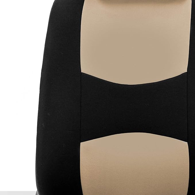 FH Group Car Seat Covers Flat Cloth Automotive Beige Full Set, Rear Solid Bench Universal Fit Combo Steering Wheel Cover & Seat Belt Pads Car Seat Protector for Cars Trucks SUV Interior Accessories