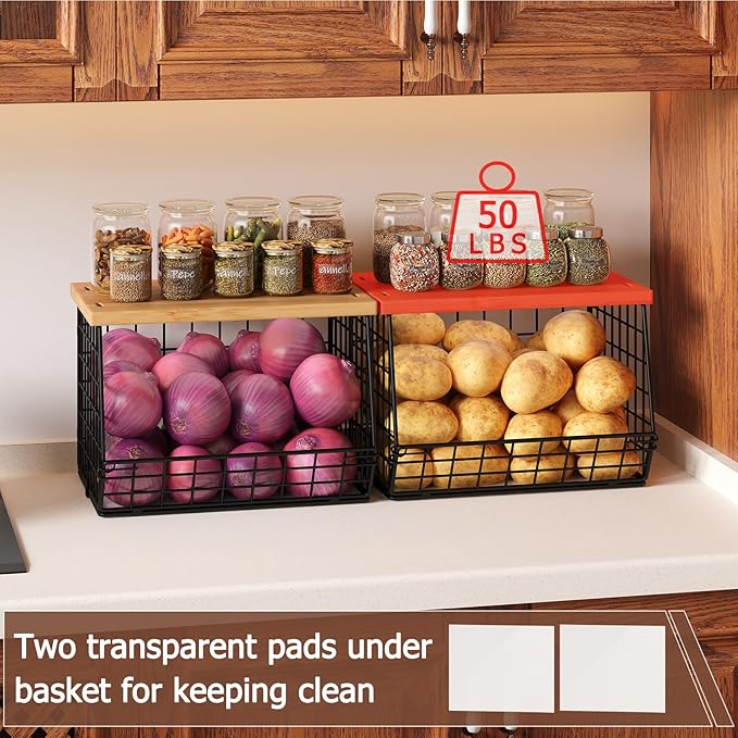 2 Set Stackable Wire Basket with Wooden Tops & Pad for kitchen organizers and storage, XXL Kitchen Counter Organizer for Frui
