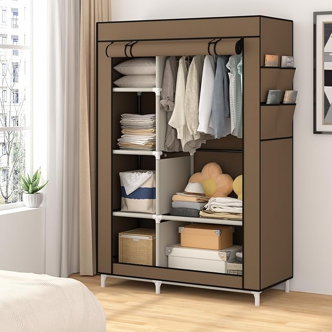 Calmootey Portable Closet Organizers, Clothing Storage, Wardrobe with 6 Shelves and Hanging Rod, Non-Woven Fabric Cover with 