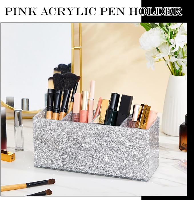 Jetec Acrylic Glitter Pen Holder 4 Compartments Bling Makeup Brush Stationery Organizer Pencil Holder for Desk Accessories Sp