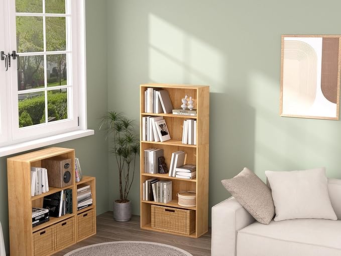 5 Tier Book Shelf,Wooden 5 Cube Storage Organizer,5 Tier Low Bookcase Storage Display Organizer, 54 Inch Versatile Cubes Shel
