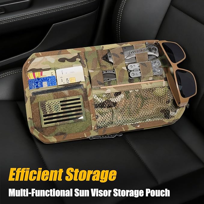 Car Sun Visor Organizer, Tactical Sunvisor Organizers Storage Covers for Trucks, Molle Panel with Pockets Zipper Visor Storage Pouch Accessories, Fits Most Vehicles, SUVs & Jeeps (MC)