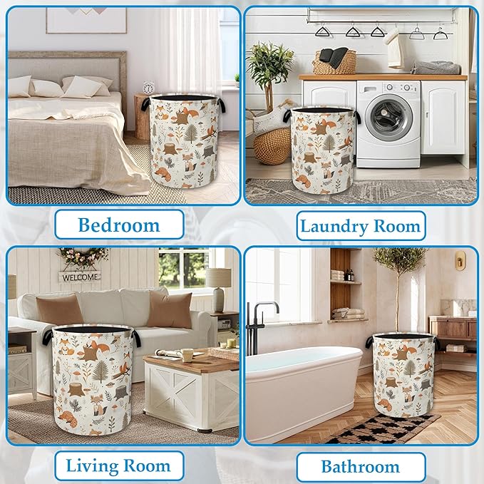 Woodland Fox Laundry Basket Collapsible Laundry Hamper, Oxford Cloth Storage Bin for Room/Bathroom/Bedroom/Dormitories 16" X 