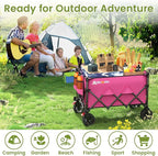 Collapsible Wagon Cart, 150L Heavy Duty Foldable Beach Wagon with Wider Wheels & Auto-Rebound Handle, Utility Grocery Shopping Cart for Garden, Shopping, Camping, Sports, Pink
