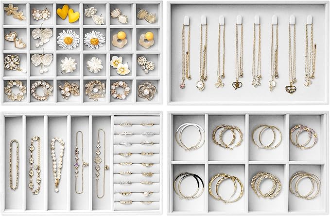 Velvet Jewelry Drawer Organizer Trays – Large White Stackable Jewelry Storage Inserts Set, 4-Layer Jewelry Tray Set for Earri