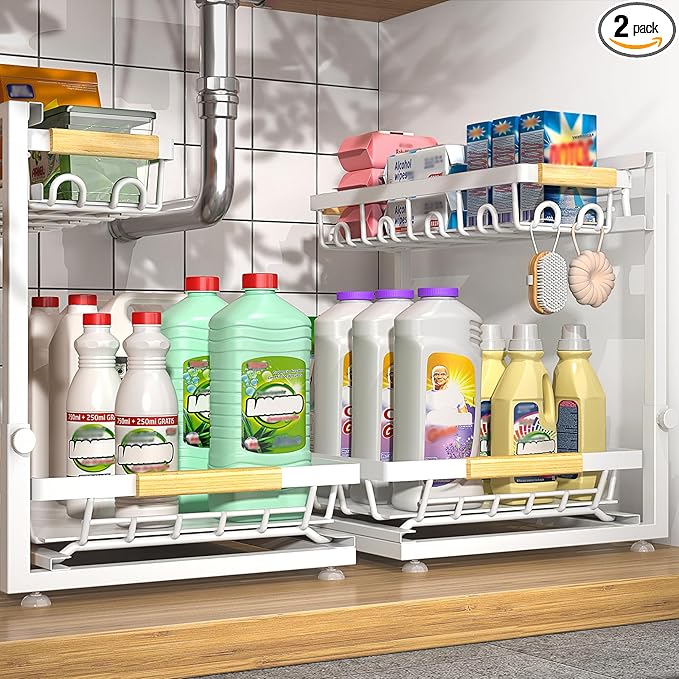 Sevenblue 2 Packs Under Sink Organizer, Height Adjustable 3 Tier Under Kitchen Sink Organizer, Multi-Purpose Storage Shelf fo