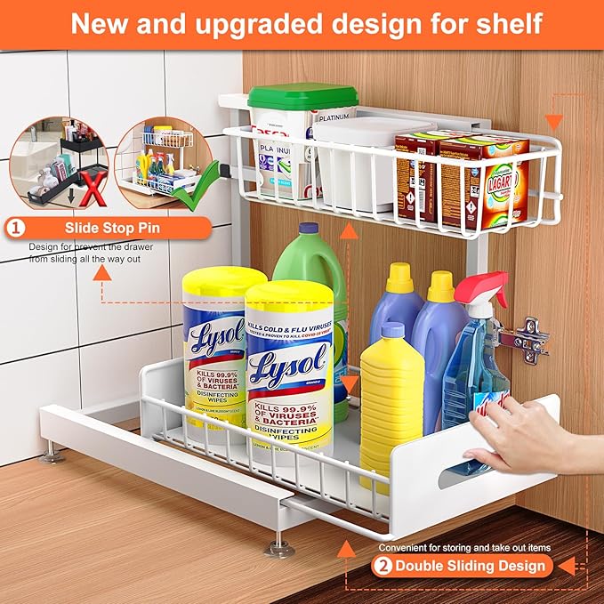 2 Pack Under Sink Organizer, Pull Out Cabinet Organizer 2 Tier Slide Out Sink Basket Drawer Sink Shelf Cabinet Storage Shelve