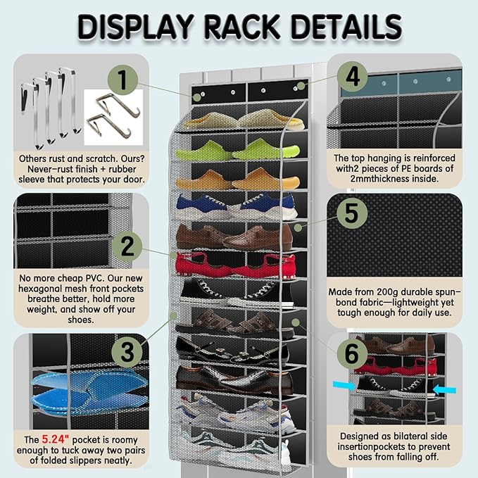 Kotkn Over The Door Shoe Organizer with 12 Large Breathable Pockets - Durable Hanging Storage for the Entire Family's Shoes (