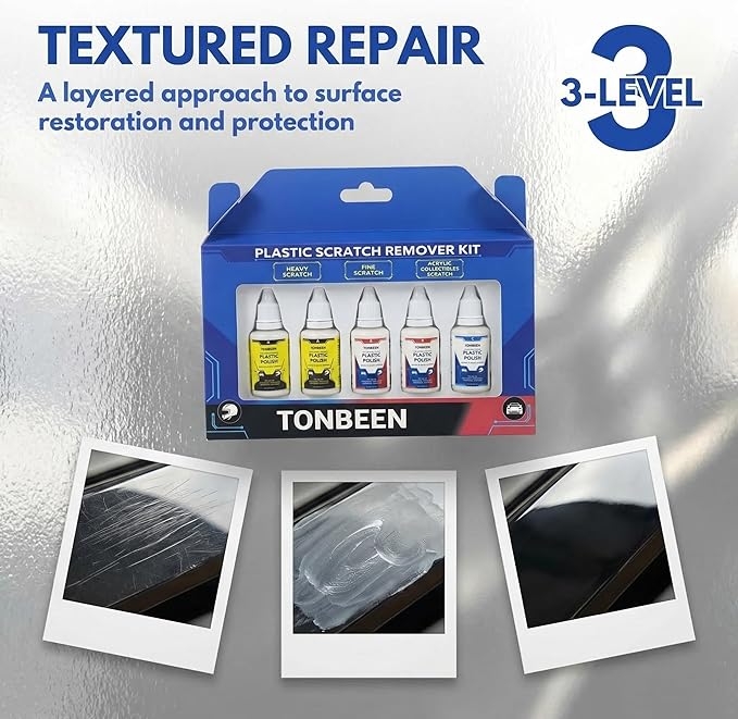 Plastic Scratch Remover & Polish Kit, 3-Level Plastic Restorer for Light to Heavy Scratches, Improves Clarity on Headlight Covers, Acrylic, Plexiglass & Plastic Surfaces, 5-Piece Set (150ml Total)