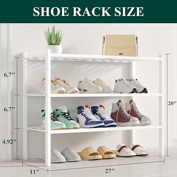 Smiry Shoe Rack, 3 Tier Small Bamboo Shoe Organizer, Stackable Free Standing Wooden Shoe Storage Shelf for Closet, Entryway, 
