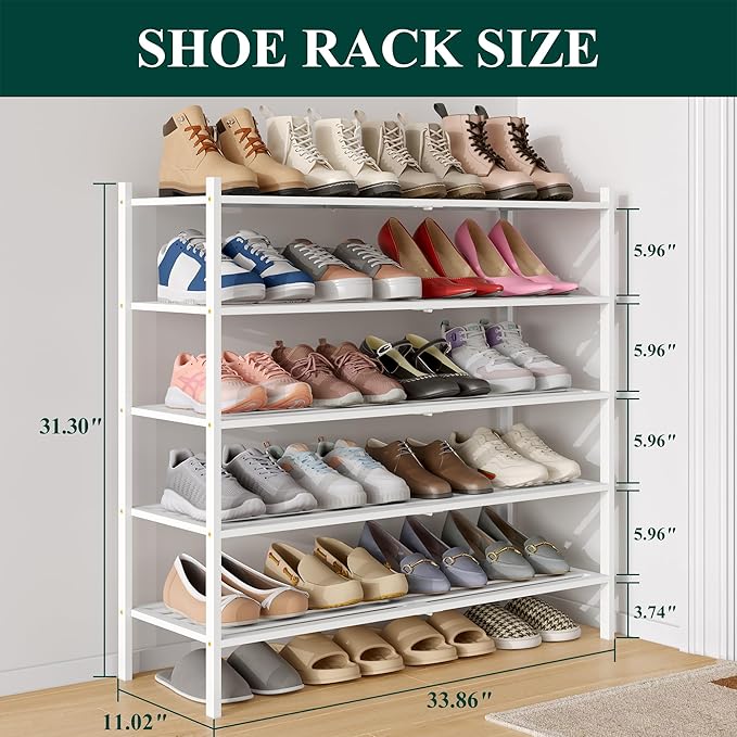 Smiry Long Bamboo Shoe Rack 5-Tier, Stackable Wooden Shoe Organizer for Entryway & Closet, Free Standing Wood Shoe Storage Sh