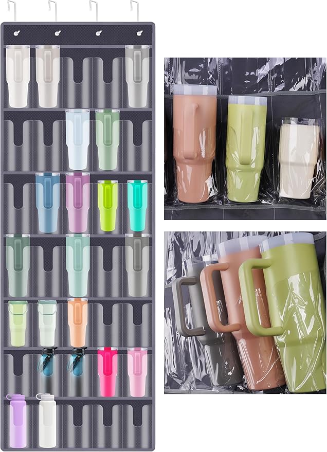 NiHome 35-Pocket Large Capacity Door Cup Organizer Fit for Stanley Tumblers 30/40oz, Door Hanging Water Bottle Storage, Doubl