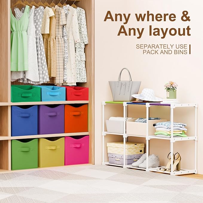 9 Cube Storage Organizer Shelf with Storage Bins and Label, 11 Inch Toy Cube Bins Clothes Closet Organizers Drawers Fabric Dr