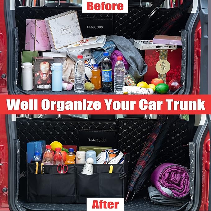 JOJOY LUX Car Trunk Organizer with Multi Compartments - Automotive Collapsible Cargo Containers with 11 Pockets Reinforced