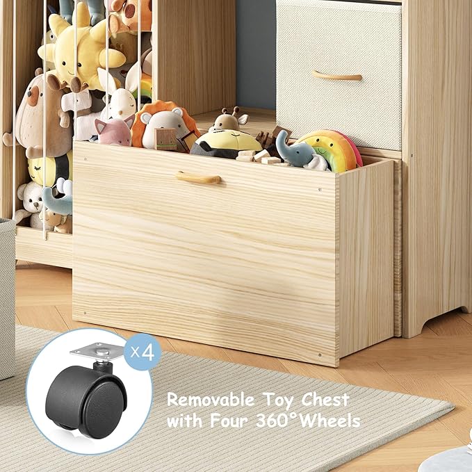 EXPERLAM Toy Organizer and Stuffed Animals Storage, All-in-One Toy Shelf with Stuffed Animal Holder, 2 Drawers, Movable Toy C
