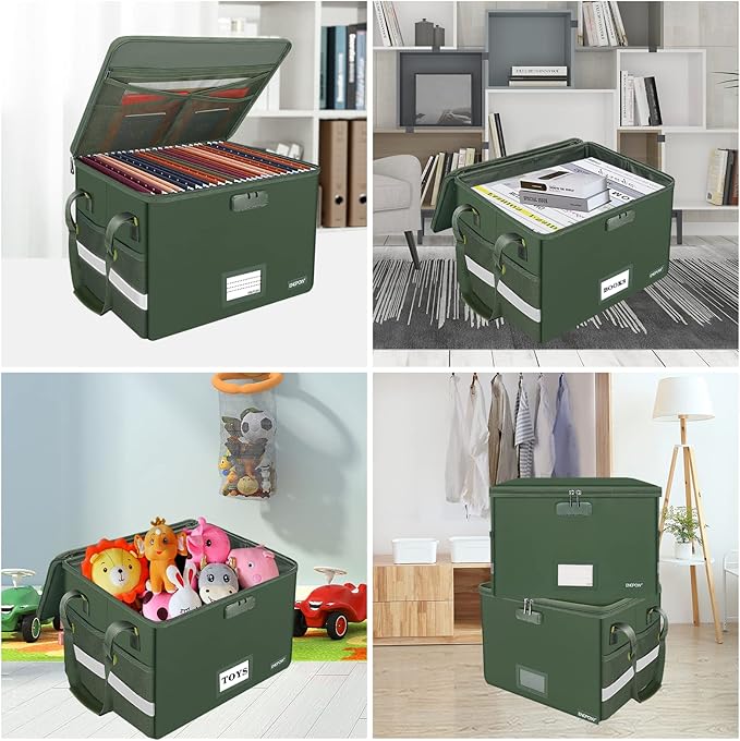 ENGPOW File Box with Lock, Fireproof Document Box with Pockets, Collapsible File Organizer Filing Storage Cabinet with Handle