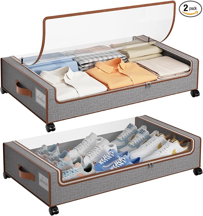 Yecaye Under Bed Storage with Wheels, 2 Pack Under the Bed Storage Containers with Lids & Label, XXL 60L Rolling Underbed Sto