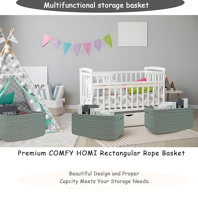 COMFY-HOMI Cotton Rope Woven Basket with Handles for Shelves,Toys,Book, Cloth Storage Baskets for Organizing-17" x 13" x 7.5"