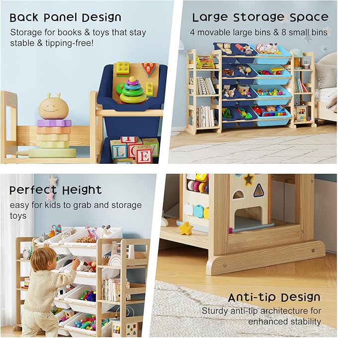 EXPERLAM Extra Large Toy Storage - Toy Storage Organizer, Wooden Toy Organizer with 6 Side Shelves and 12 Bins, 3-in-1 Booksh