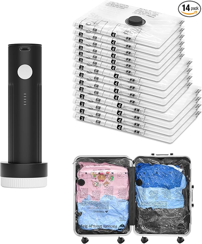 Vacuum Bags for Travel with Rechargeable Pump, 14 Combo (4L/4M/6S) Compression Packing Seal Bags for Luggage Suitcase, Space 