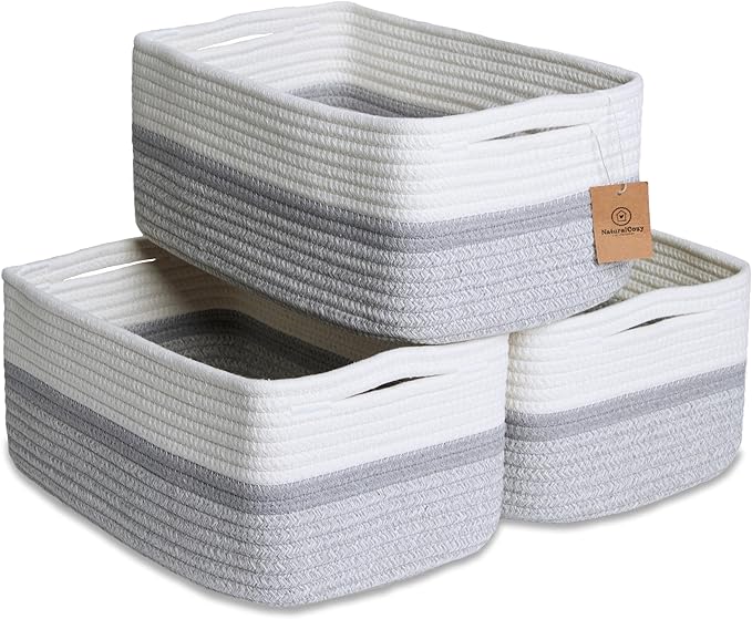 NaturalCozy 13.5”x8.5”x5.5” Storage Baskets for Shelves 3 Pack | Cotton Rope Woven Small Baskets for Organizing | Small Stora