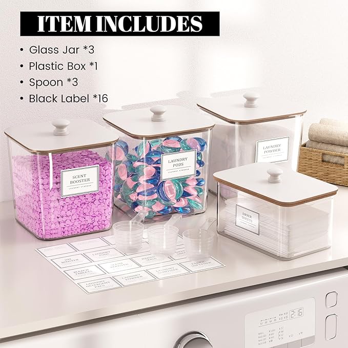 Laundry Pods Storage Container, Clear Laundry Room Organization and Storage,Detergent Powder Container,with Wooden Lids & Lab