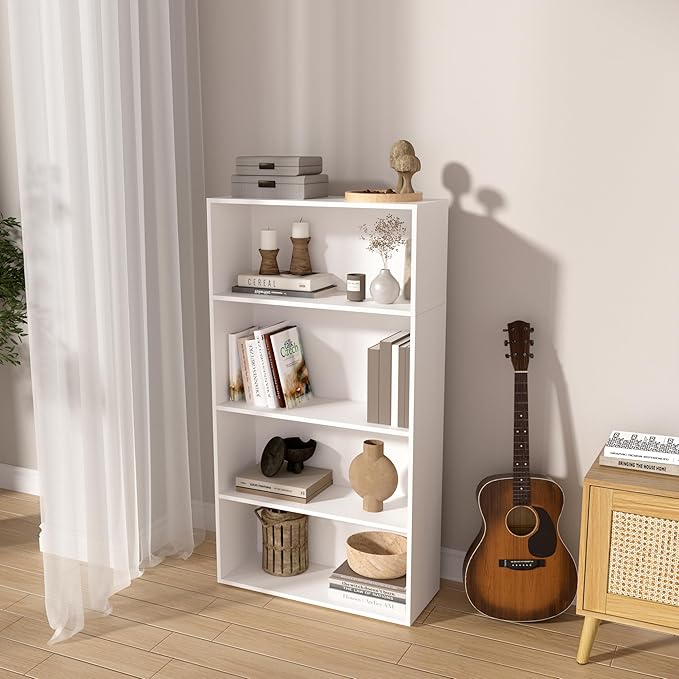 Wooden 4 Tier Book Shelf，4 Cube Storage Organizer, 44 Inch Versatile Cubes Shelf and Cubby Unit for Any Space (White, 4 Cube-