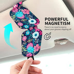 Leather Magnetic Sunglass Holder for Car Sun Visor, Cute Eyeglass Ticket Card Hanger Clip, Universal Auto Interior Accessories for SUV Pickup Truck Navy Floral