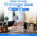 Masirs Clear Makeup Organizer with Mirror – 16-Compartment Cosmetic and Jewelry Holder, 4-Drawer Vanity Storage, Elegant Clea