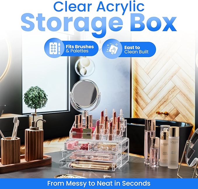 Masirs Clear Makeup Organizer with Mirror – 16-Compartment Cosmetic and Jewelry Holder, 4-Drawer Vanity Storage, Elegant Clea