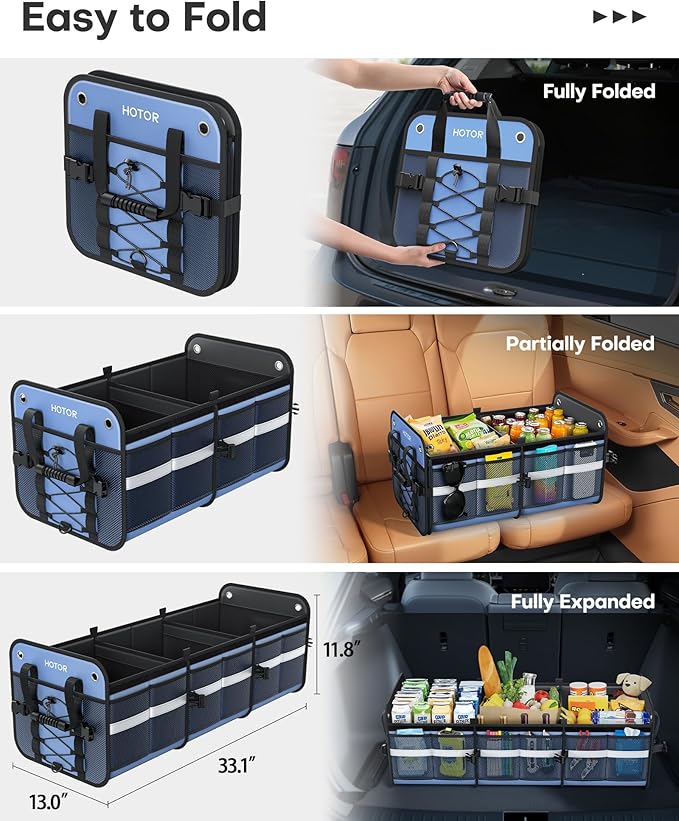 HOTOR Trunk Organizer - 3-Compartment Car Organizer and Storage with Cooler Bag, Foldable Car Storage Organizer for SUV with