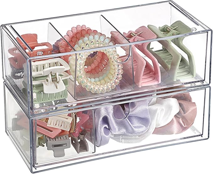 Hipiwe 2-Tier Acrylic Storage Drawer Stackable Box Hair Accessories Organizer Clear Desktop Organizer with Removable Dividers