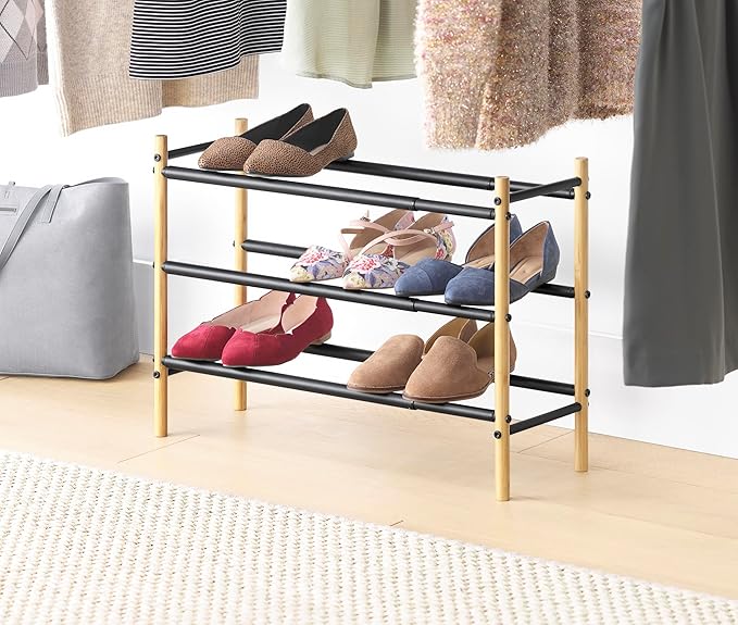 Whitmor 3-Tier Expandable Shoe Rack - Store up to 12 pairs of shoes - Bamboo & Matte Black