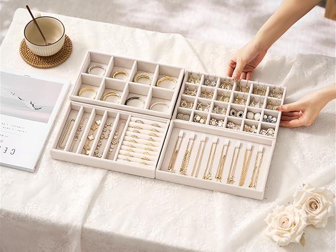 Velvet Jewelry Drawer Organizer Trays – 4-Layer Stackable Jewelry Storage Inserts Set, Beige Jewelry Tray Set for Earrings, R