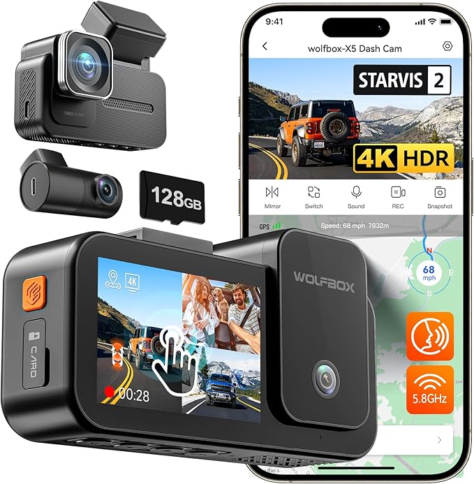 WOLFBOX X5 3 Channel 4K HDR Dash Cam, STARVIS 2 IMX678 8MP Night Vision, 4K+2.5K+1080P Front and Rear Inside Car Camera with 