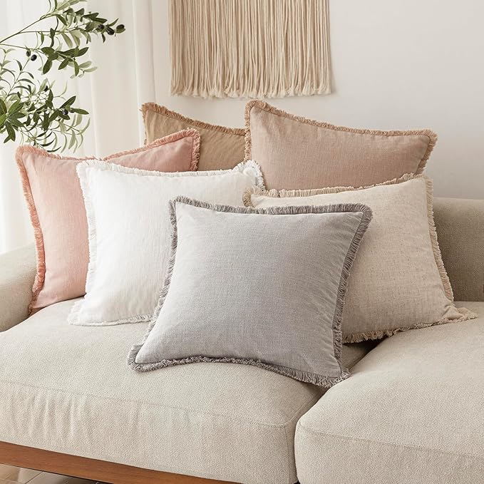 Foindtower Set of 2 Decorative Linen Fringe Throw Pillow Covers Boho Farmhouse Cushion Cover with Tassels Soft Accent Pillowc