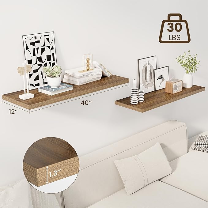 Dreamland 40" Floating Shelves for Wall, 12" Deep Slim Walnut Floating Shelves, Wall-Mounted Shelves for Bedroom, Living Room
