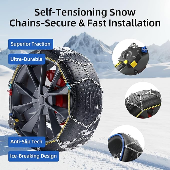 Snow Chains for Car Tires, 35s Quick Fit & Auto-Tightening, Universal Emergency Anti-Slip Tire Traction Chains for Cars, SUVs