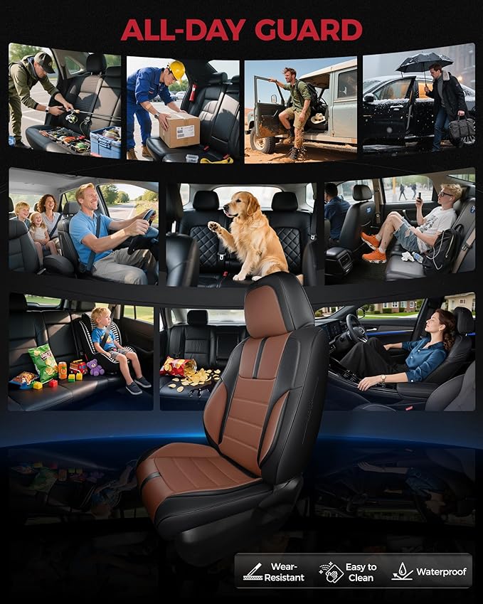 FREESOO Black Brown Car Seat Covers Full Set - Faux Nappa Leather Seat Covers for Cars, with Front Seatbelt Pads, Ultra Water